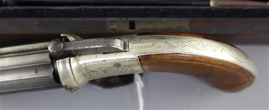 A cased percussion pepperbox six barrelled revolver, 7.75in.